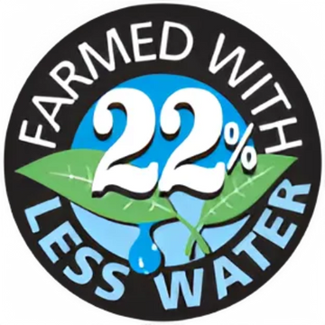 Logo with text 'Farmed with 22% Less Water', featuring leaves and water droplets.