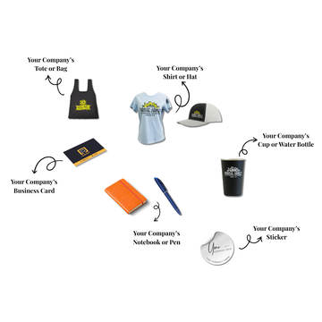 Promotional items including a tote bag, t-shirt, hat, business card, notebook, pen, cup, and sticker on a white background.
