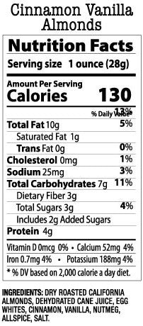 Nutrition Facts- Cinnamon Vanilla Almonds