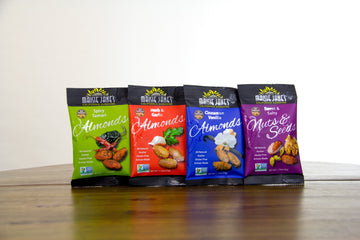 Four snack packs of Maisie Jane's Almonds and nuts