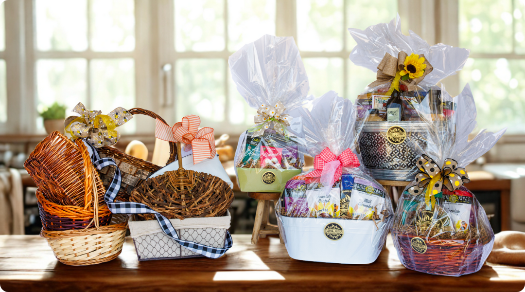 A group of gift baskets on a table filled with products