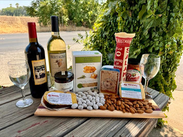 tray of nuts, cheese and wine