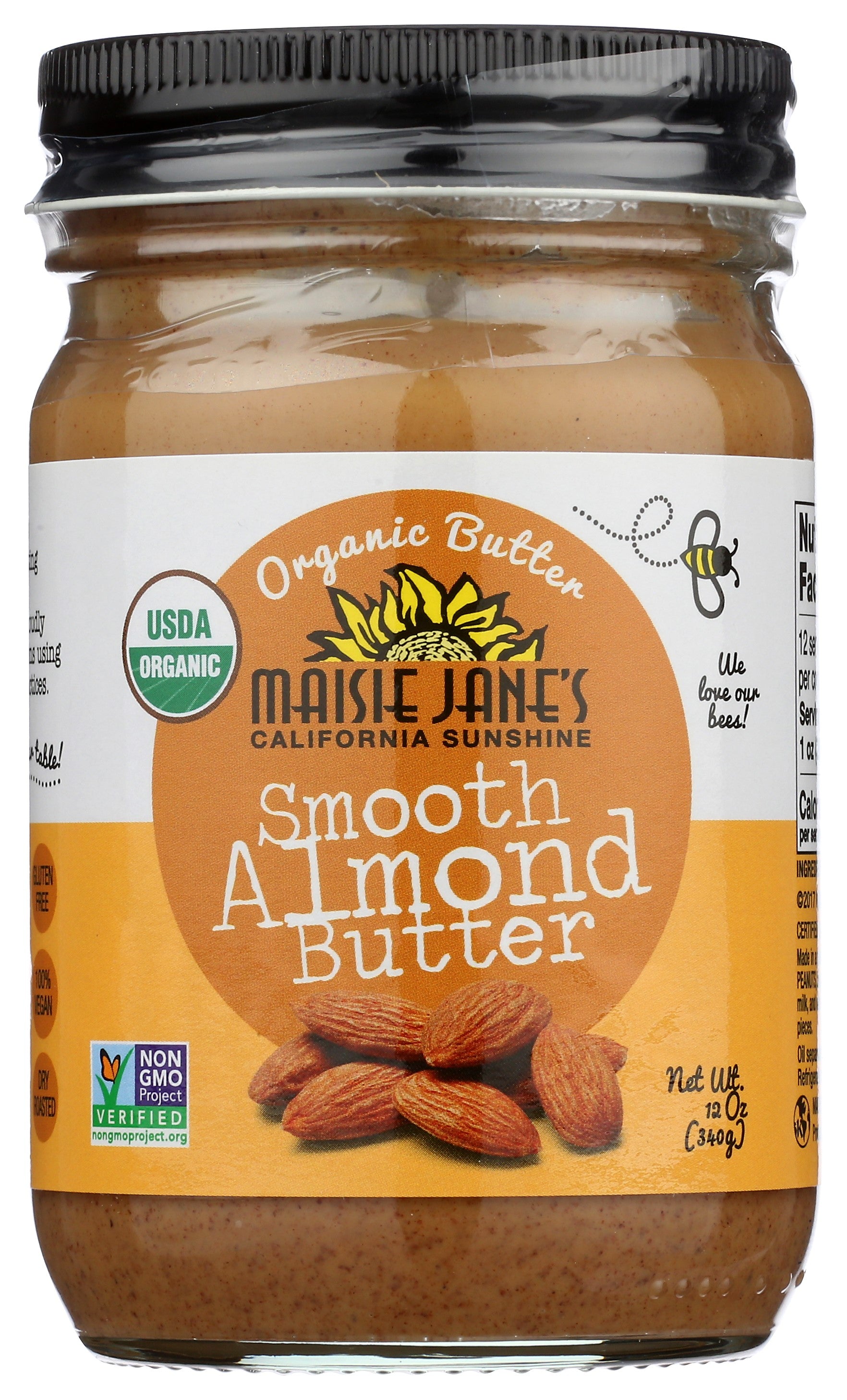 Maisie Jane's Organic Smooth Almond Butter Non-GMO USDA Organic 100% Dry  Roasted Almonds - 12 oz.