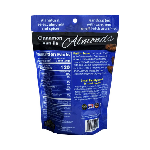 Back of a single package of Maisie Jane's Cinnamon Vanilla Almonds on a white background