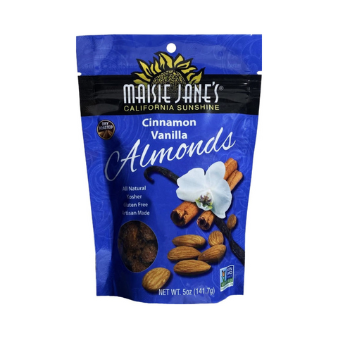 Front of a single package of Maisie Jane's Cinnamon Vanilla Almonds on a white background