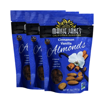 Three packages of Maisie Jane's Cinnamon Vanilla Almonds on a white background