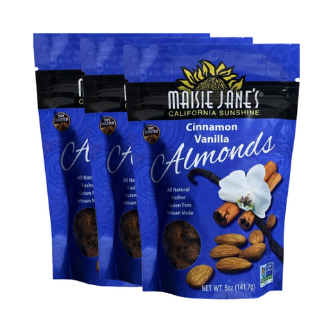 Three packages of Maisie Jane's Cinnamon Vanilla Almonds on a white background