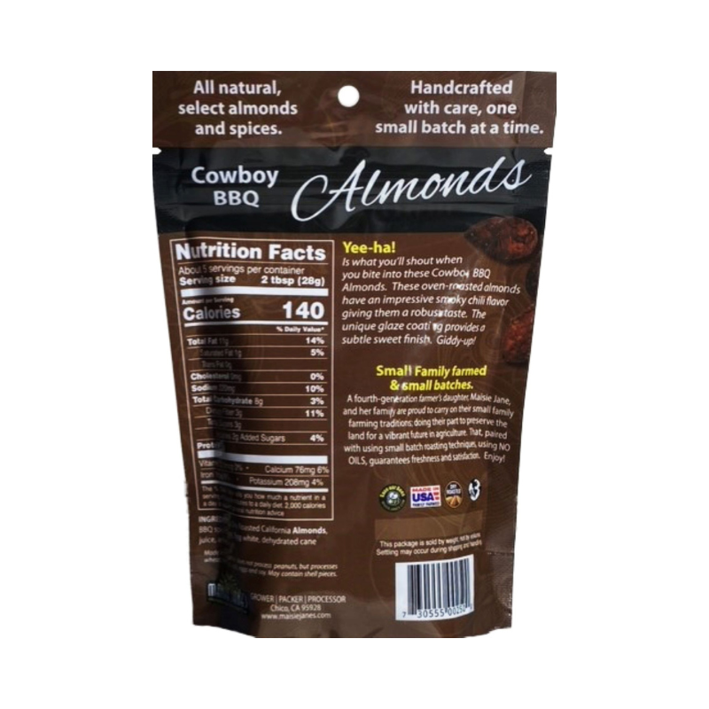 Back of single package of Maisie Jane's Cowboy BBQ Almonds