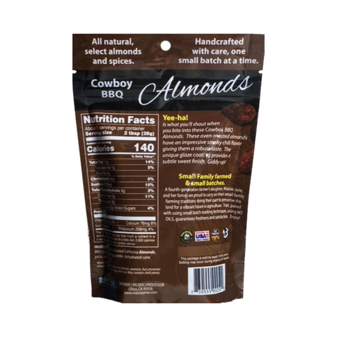 Back of single package of Maisie Jane's Cowboy BBQ Almonds