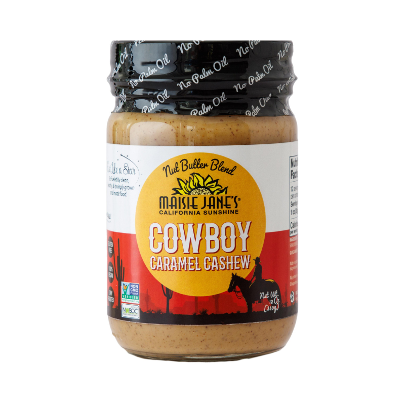 Front View of a Jar of Maisie Jane's Cowboy Caramel Cashew Nut Butter on a white background