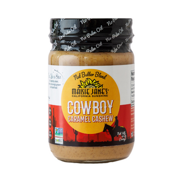 Front View of a Jar of Maisie Jane's Cowboy Caramel Cashew Nut Butter on a white background