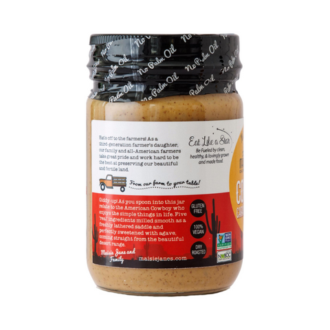 Side View of a Jar of Maisie Jane's Cowboy Caramel Cashew Nut Butter on a white background