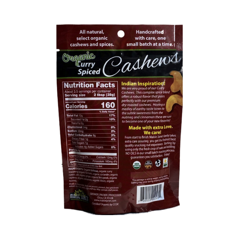 Back of Bag of Maisie Jane's Organic Curry Spiced Cashews on a white background