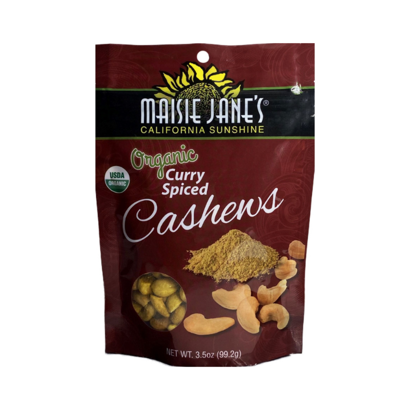 Front of Bag of Maisie Jane's Organic Curry Spiced Cashews on a white background