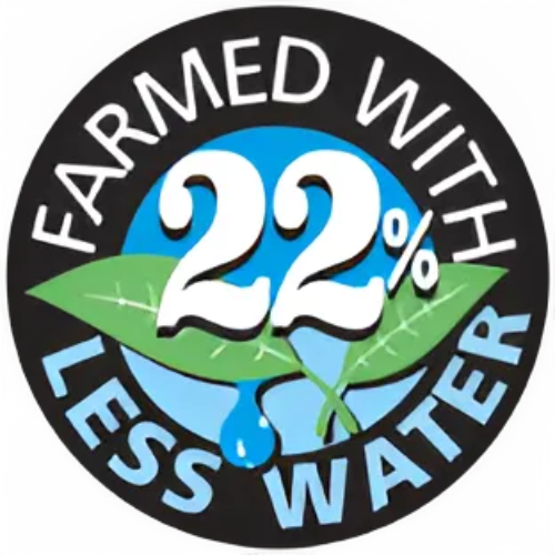 Logo with text 'Farmed with 22% Less Water', featuring leaves and water droplets.