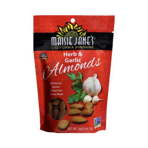 Front of a single package of Maisie Jane's Herb & Garlic Almonds