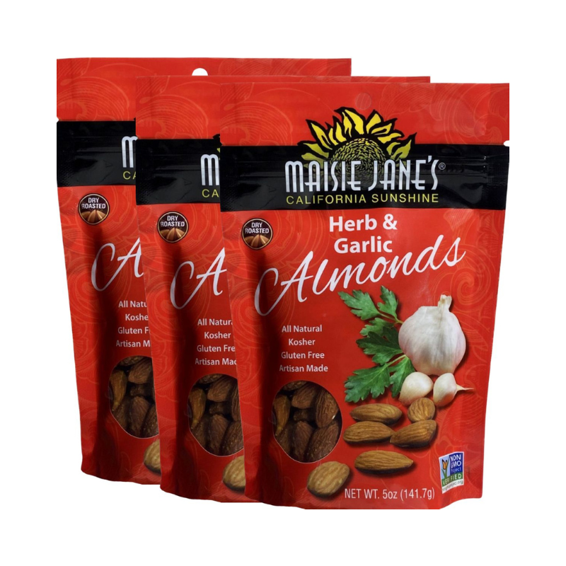 Group of 3 packages of Maisie Jane's Herb & Garlic Almonds
