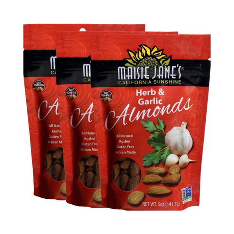 Group of 3 packages of Maisie Jane's Herb & Garlic Almonds