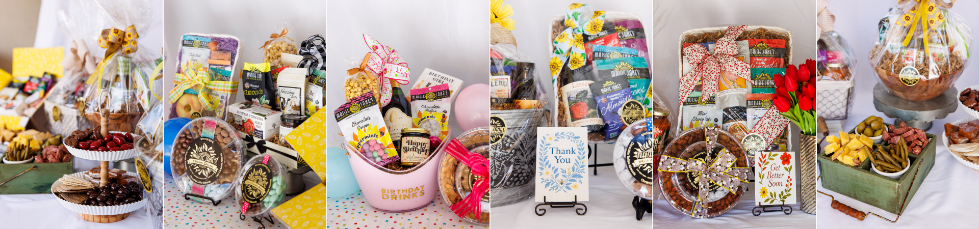 Collage of various gift baskets and product displays with a focus on food and packaging and different holidays and occasions.
