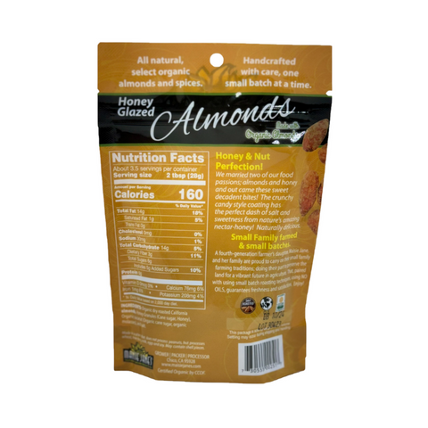 Back of a single package of Maisie Jane's Honey Glazed Almonds made with organic almonds