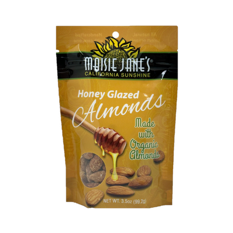 Front of a single package of Maisie Jane's Honey Glazed Almonds made with organic almonds