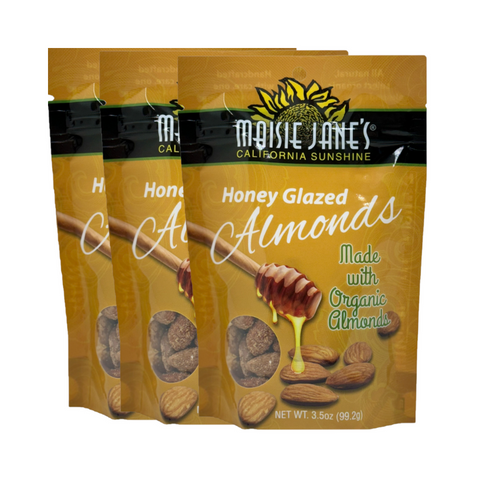 Group of 3 packages of Maisie Jane's Honey Glazed Almonds made with organic almonds