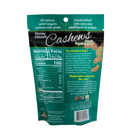 Back of a single package of Maisie Jane's Honey Glazed Cashews made with organic cashews