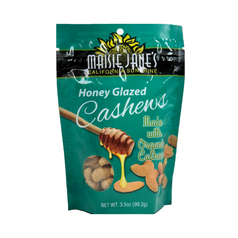 Front of a single package of Maisie Jane's Honey Glazed Cashews made with organic cashews