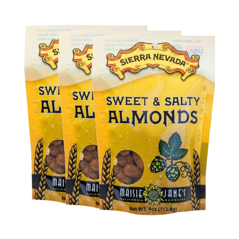 Three packages of Sierra Nevada Sweet & Salty Almonds on a white background