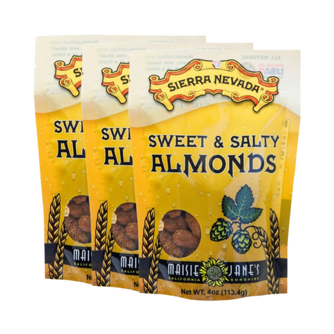 Three packages of Sierra Nevada Sweet & Salty Almonds on a white background