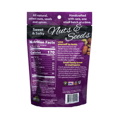 Back of a single package of Maisie Jane's Sweet & Salty Nuts & Seeds on a white background