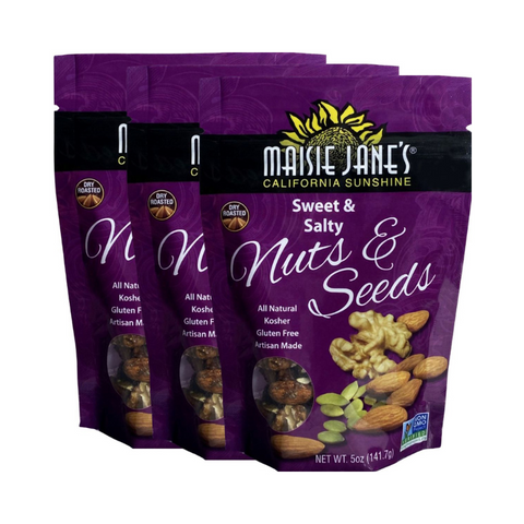 Group of 3 packages of Maisie Jane's Sweet & Salty Nuts & Seeds on a white background