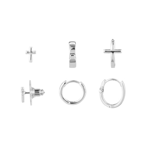 Dainty Cross Earrings - Silver (Set of 3)
