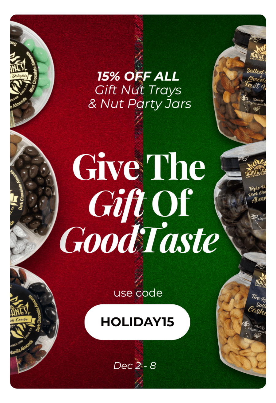 Advertisement for a gift nut trays and nut party jars sale with promotional text and images of nuts.