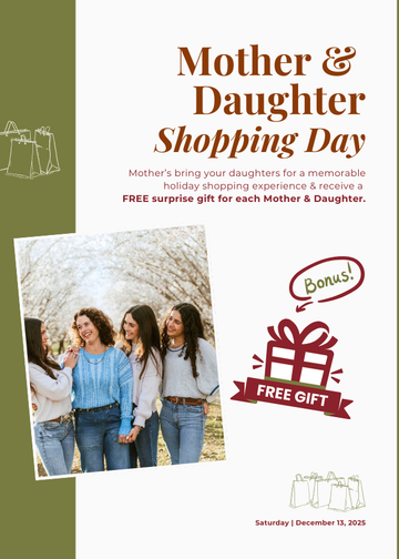 Promotional flyer for 'Mother & Daughter Shopping Day' with text and a photo of women shopping.