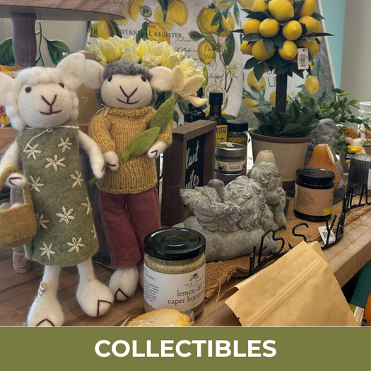 Two plush toy figures with a decorative setting including jars and plants, labeled 'Collectibles'.