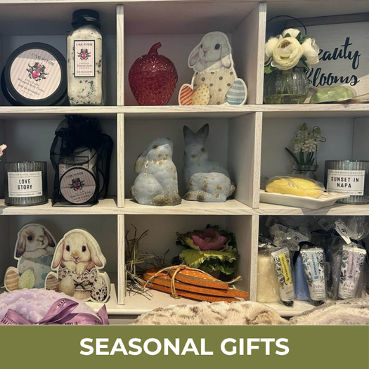 Shelf with various decorative items and 'Seasonal Gifts' text at the bottom.