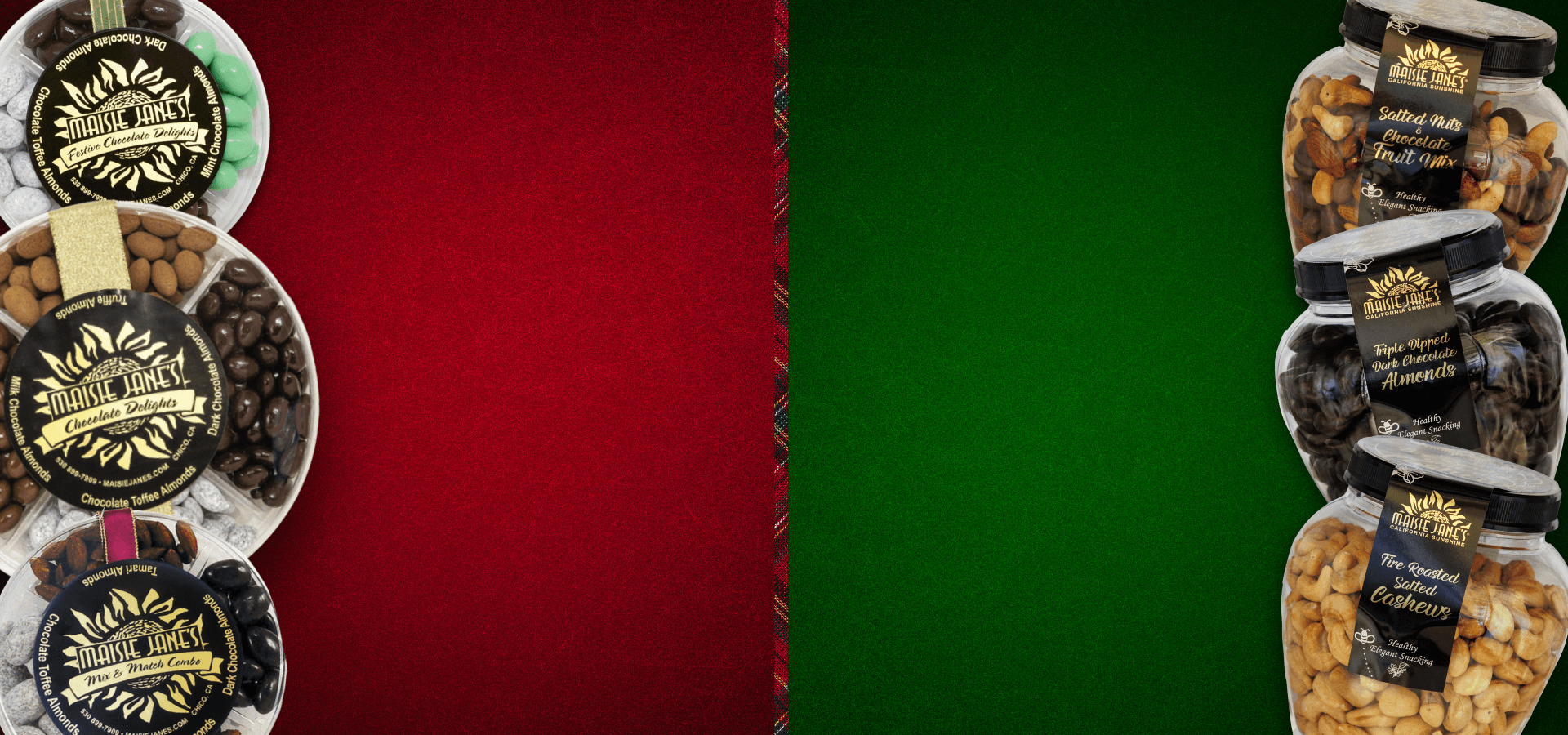 Gift Nut Trays and Nut Party Jars on a red and green background separated by plaid ribbon.