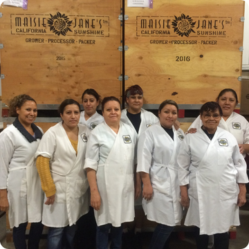 Group of people in white lab coats standing in front of wooden crates with 'Maisie Jane's California Sunshine' branding.